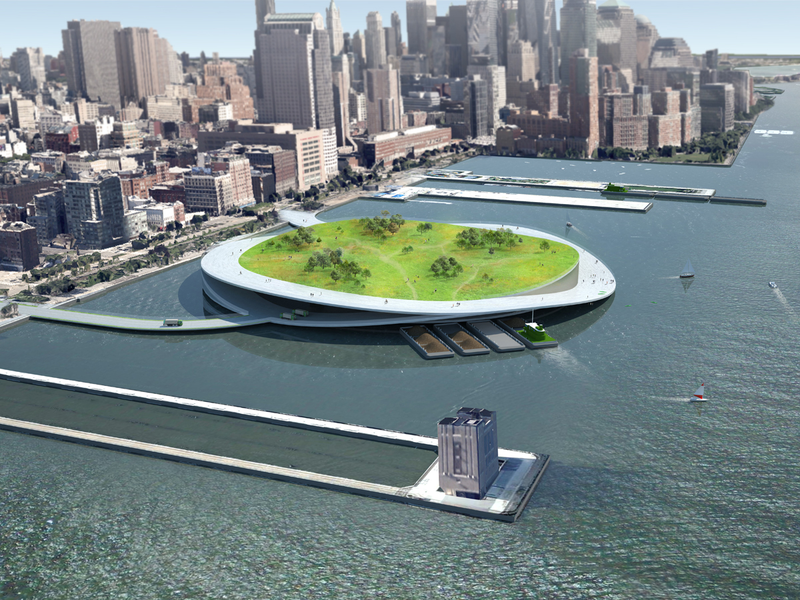 An aerial view toward lower Manhattan of one of PRESENT Architecture's proposed "Green Loop" hybrid composting centers and waterfront public parks.